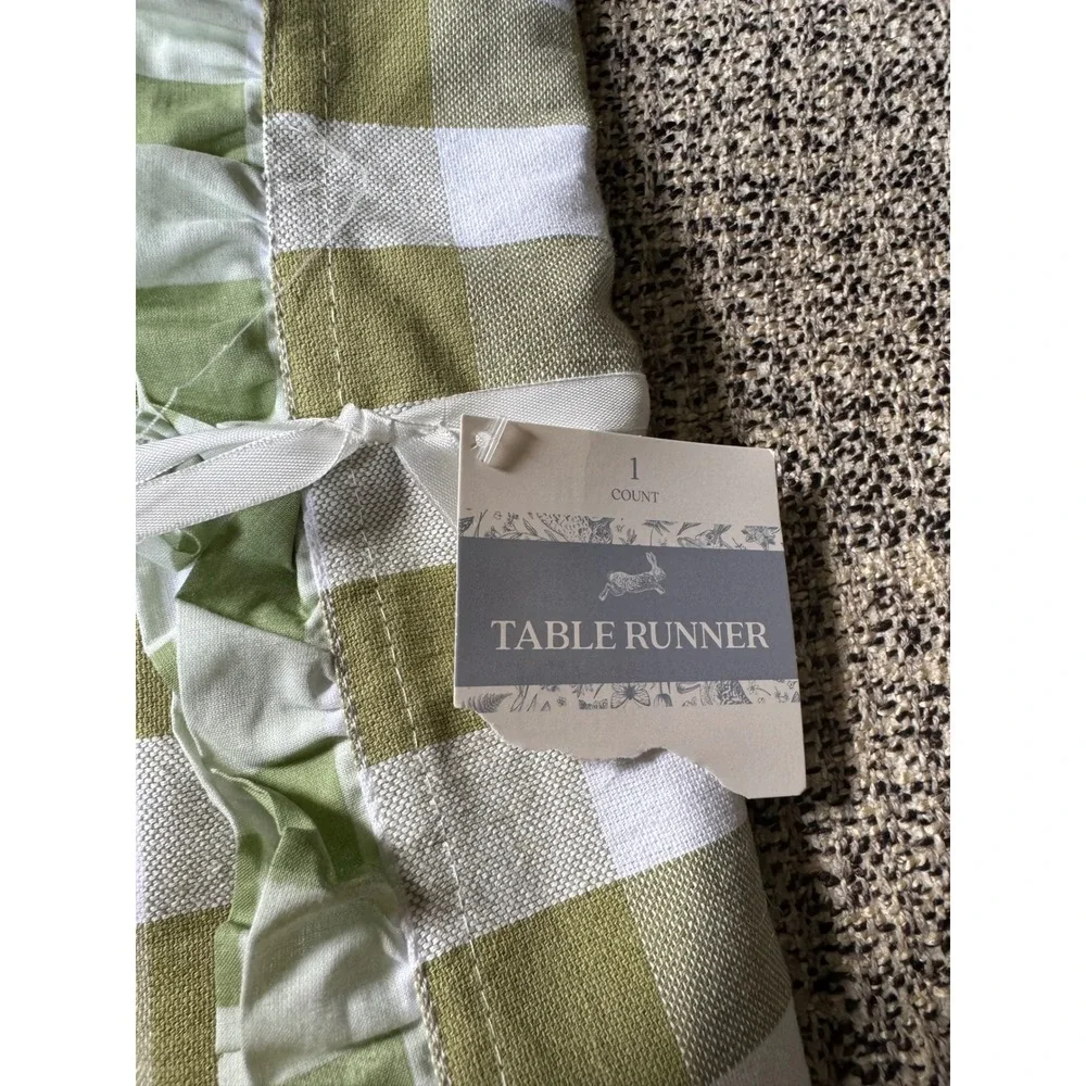 Sage Green Buffalo Check Ruffled Table Runner 14x64 Farmhouse Spring Decor
